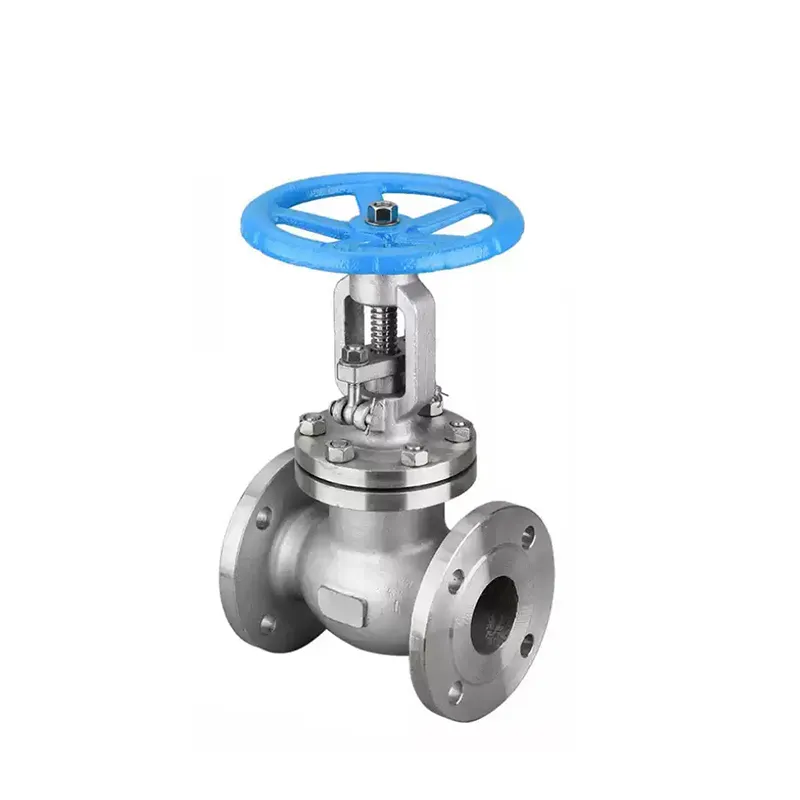 Soupape à boule manuelle en acier inoxydable à brides, Vue de face montrant la roue à main et la structure de la carrosserie