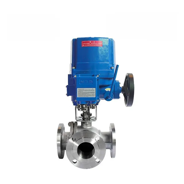 QT-DK55-TF explosion-proof stainless steel 3-way flanged electric ball valve, front view showing actuator and valve body