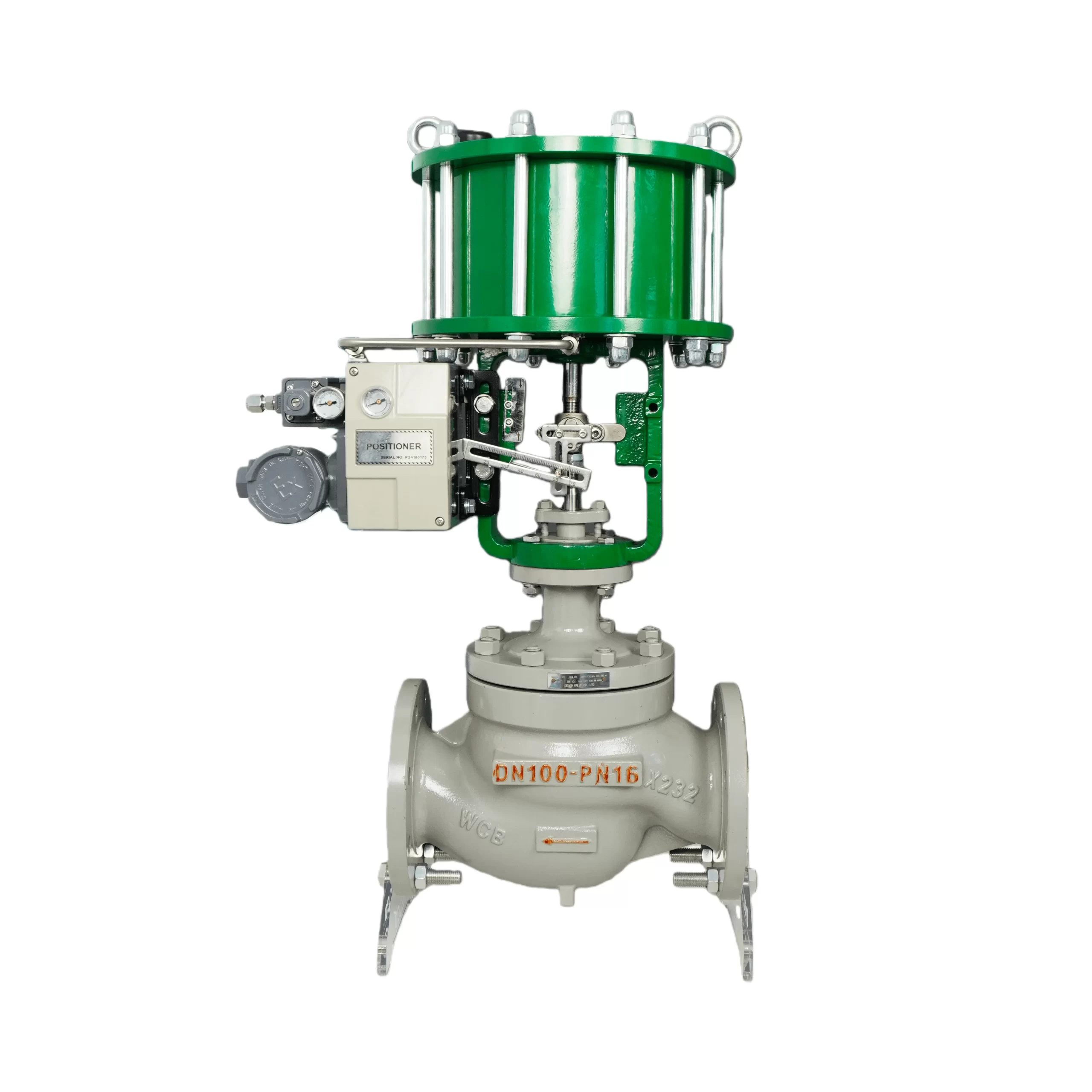 Vue latérale de la soupape à billes de commande pneumatique à double action ZJHM avec positionneur