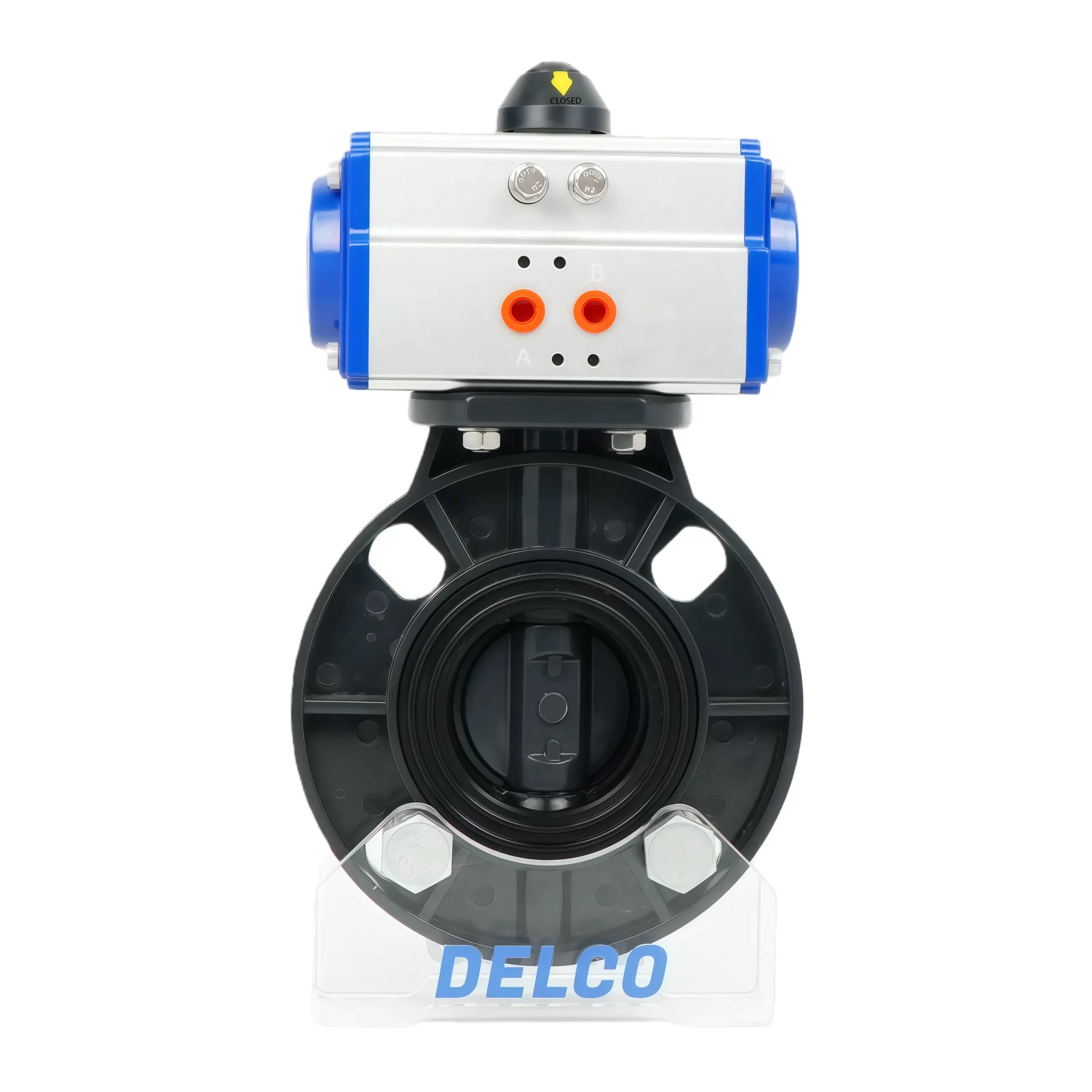 Vue de face d’une vanne papillon pneumatique UPVC avec actionneur, montrant le corps de la soupape et la structure du disque.