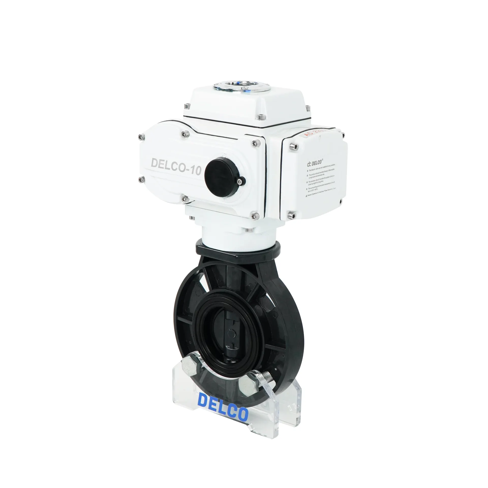 Vue droite de la vanne papillon UPVC électrique DK56-PB montrant la connexion de l’actionneur et les détails du corps de la soupape.